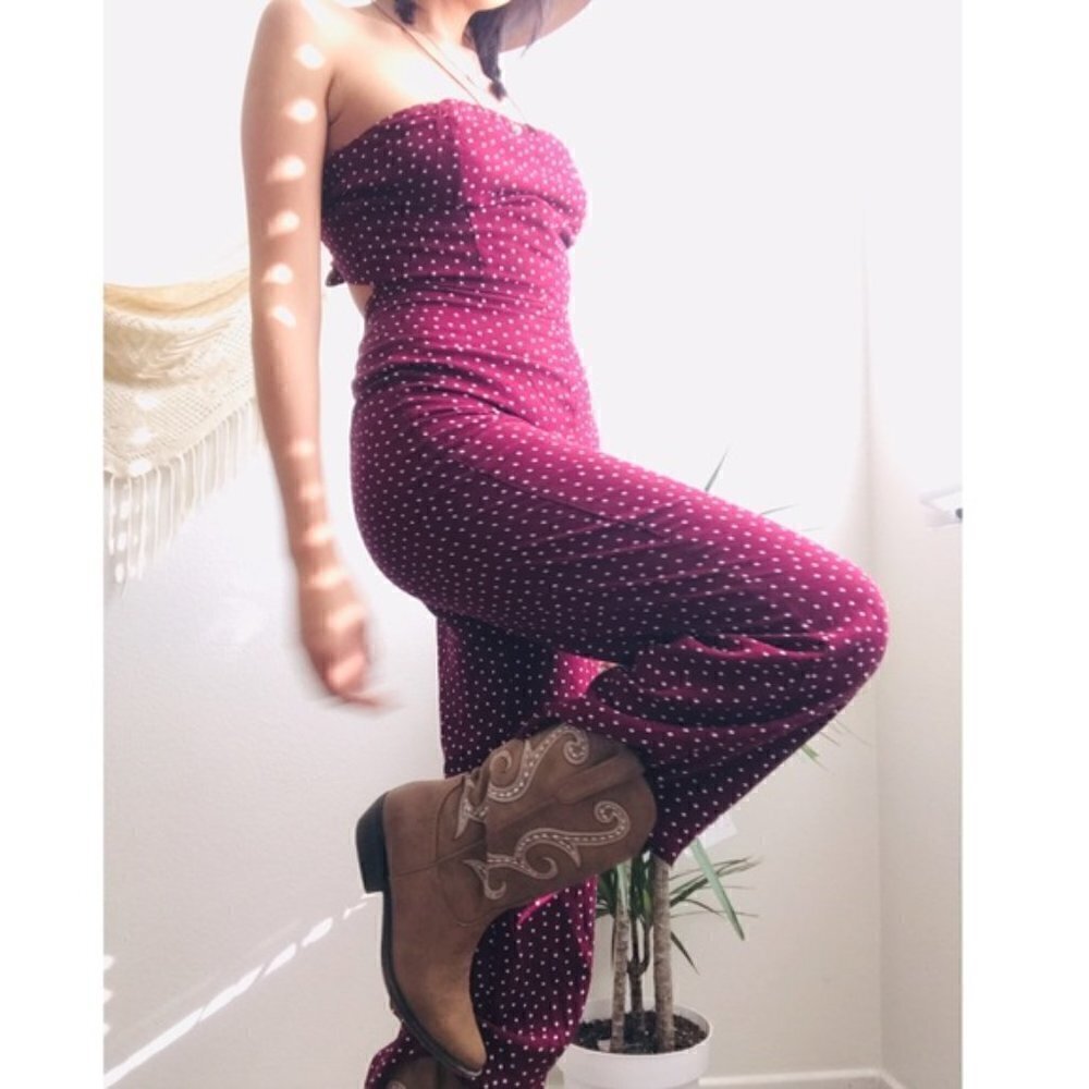 Mimi chica polka dot jumpsuit strapless burgundy XS